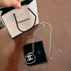 CHANEL Silver CC Logo Circle Pendant Necklace